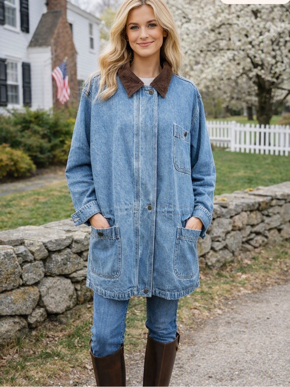 Denim & Co Vintage Late 90's/Y2K Denim Chore Barn Jacket NEW Corduroy Collar Lon